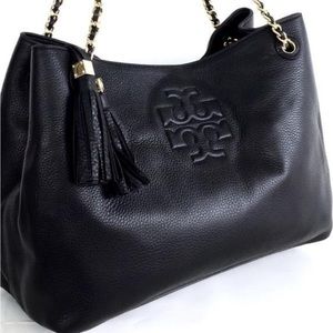 Tory Burch Black pebble leather Thea slouchy chain tote